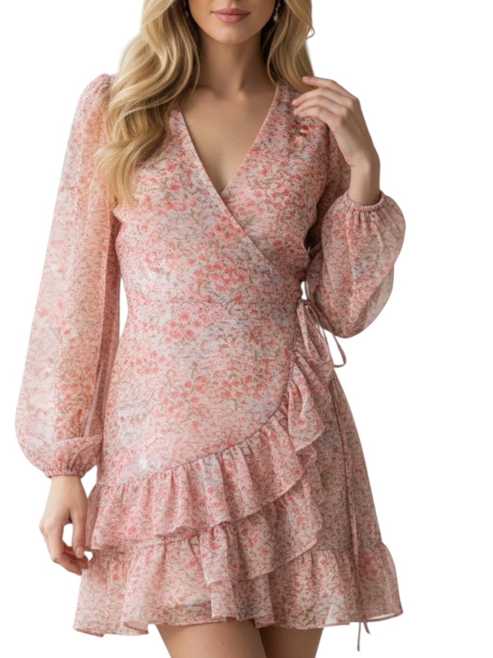1. STATE Pink Floral Sheer Long Sleeve Wrap Ruffle Lined Dress Size 8